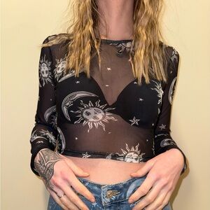 Black Sheer Sun and Moon Print Top